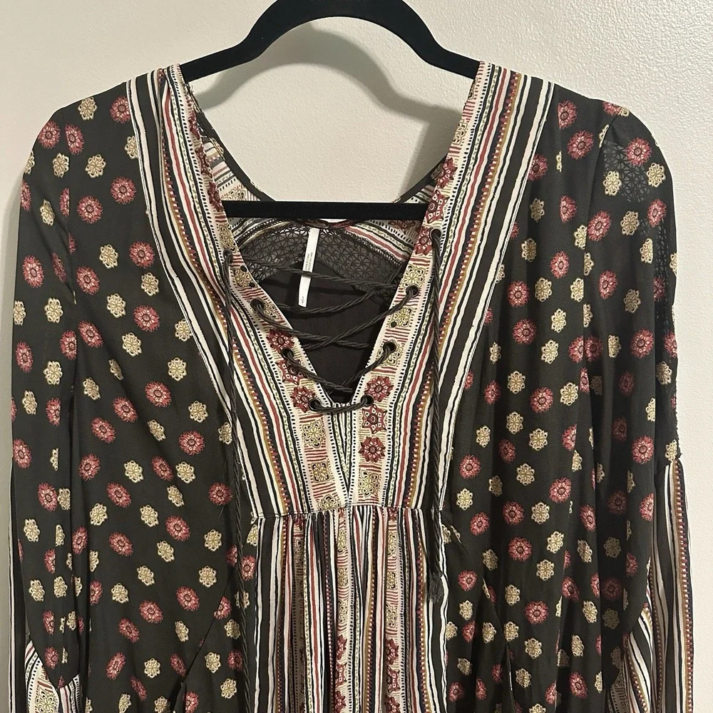 Free People Rain or Shine Lace Up Boho Peasant Swing‎ Long Sleeve Dress Size S